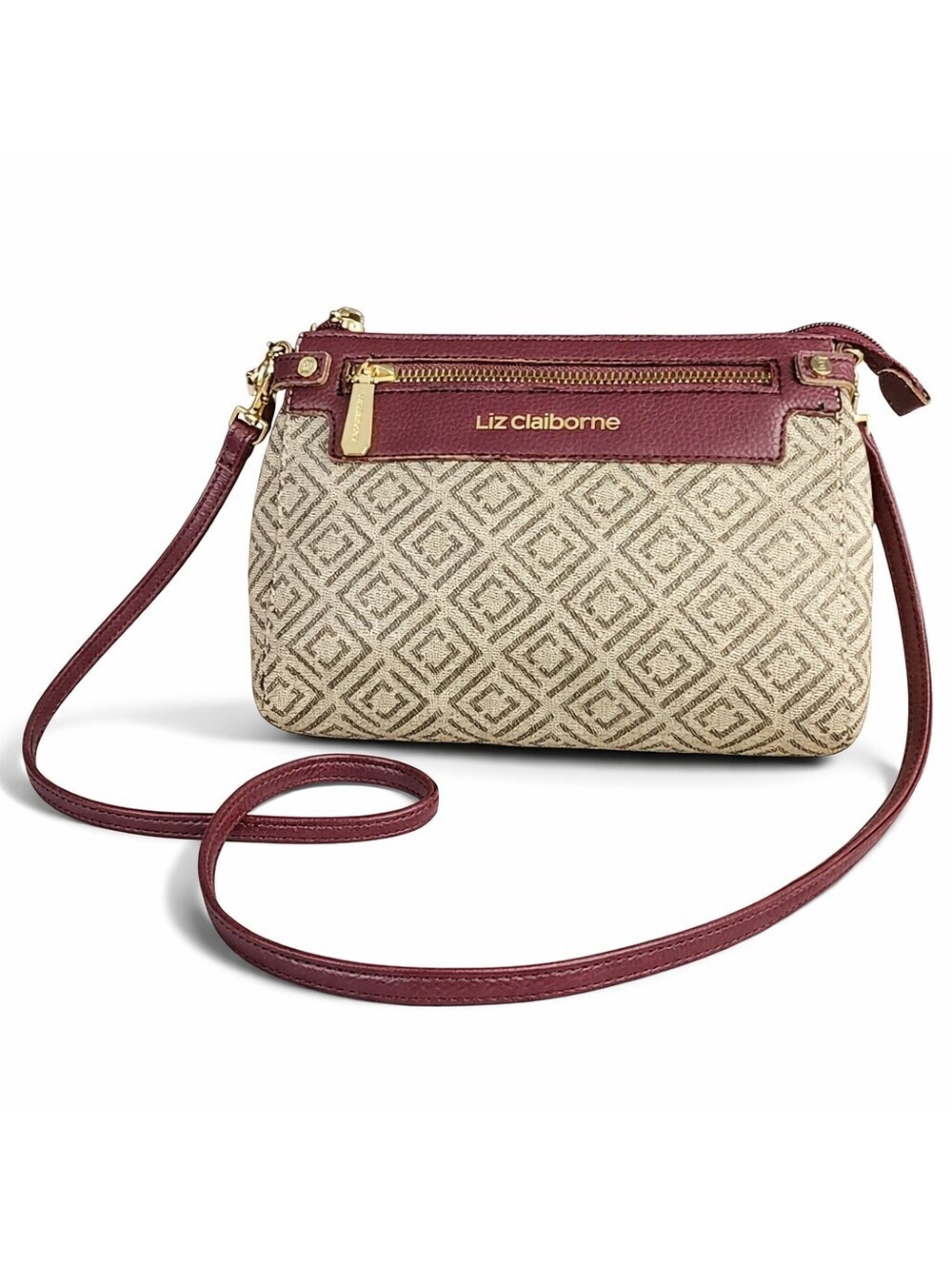 Liz Claiborne Crossbody Bag Burgundy Monogram Canvas Gold Zip Wristlet Purse